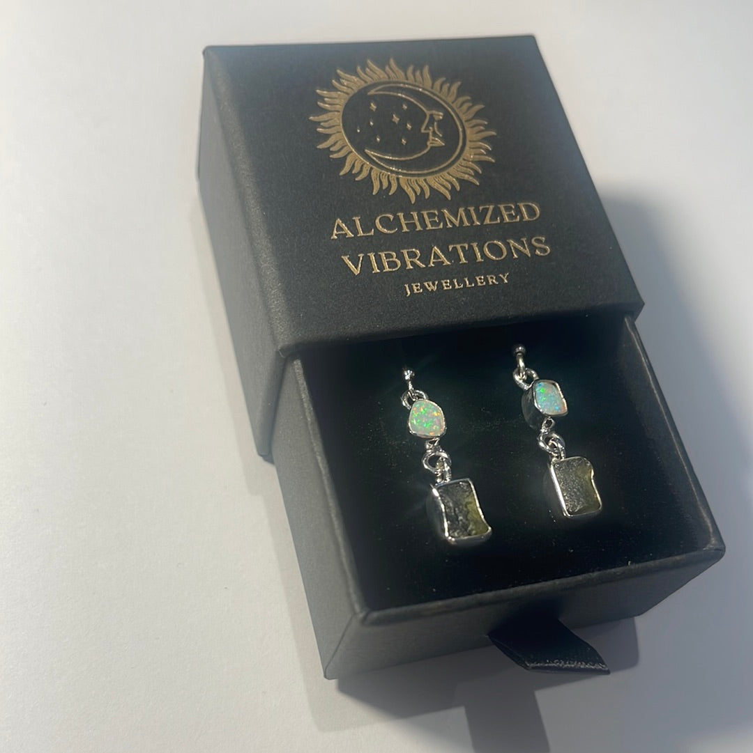 Moldavite and Opal earrings, set in pure sterling silver