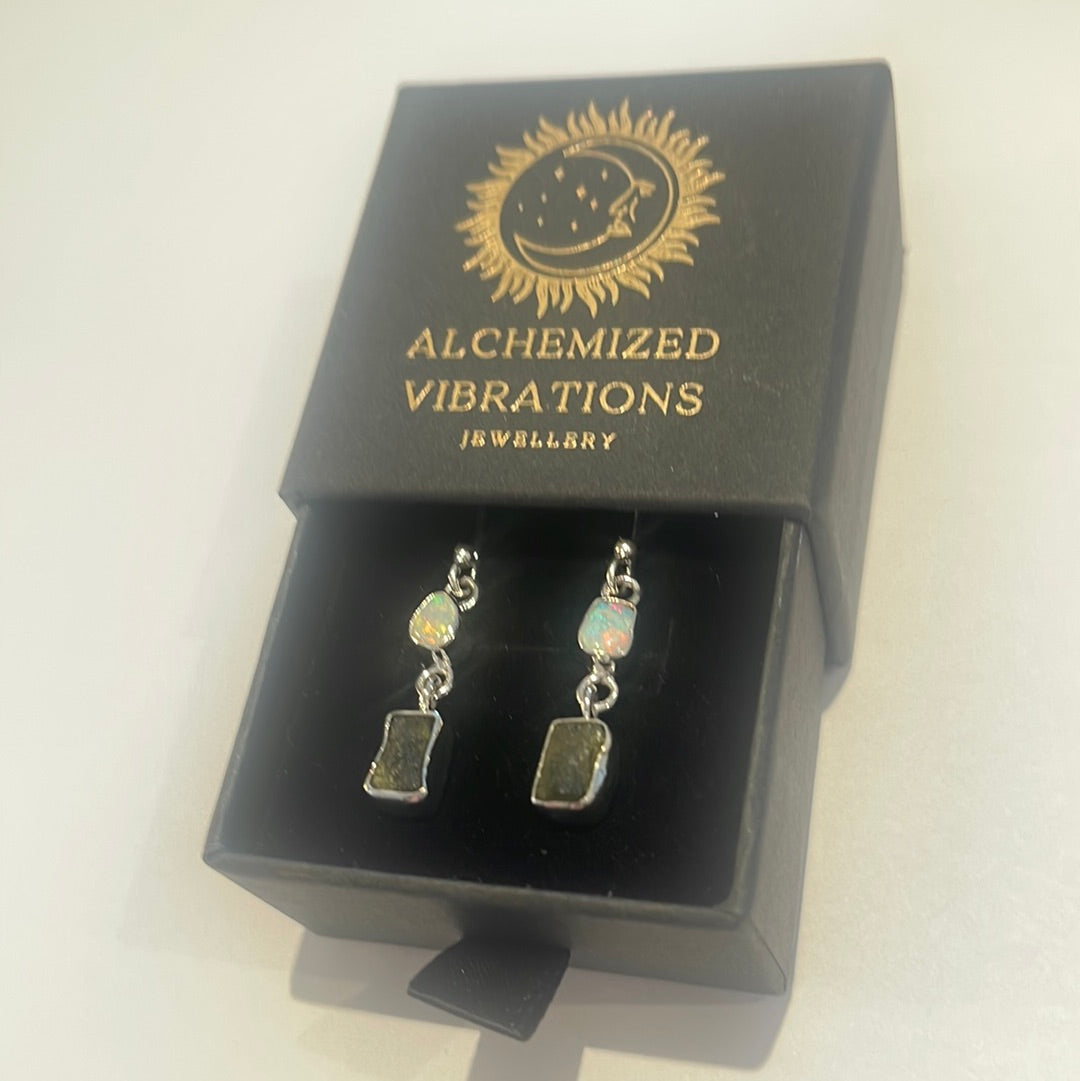 Moldavite and Opal earrings, set in pure sterling silver
