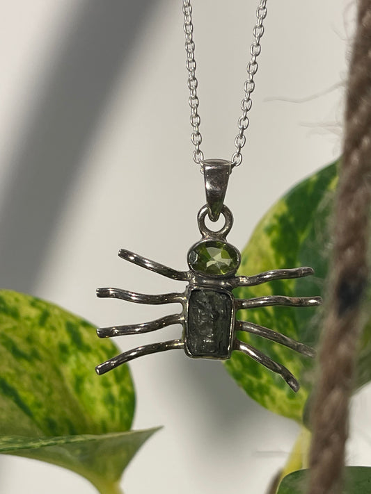 Moldavite and Peridot spider pendant, set in pure sterling silver